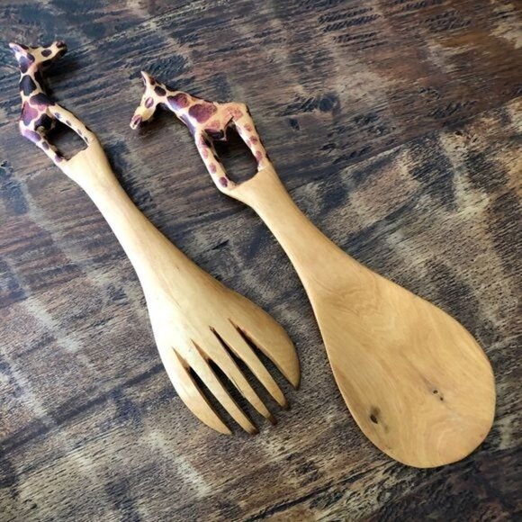Giraffe Wooden Serving Utensils Hand Carved - Picture 1 of 9